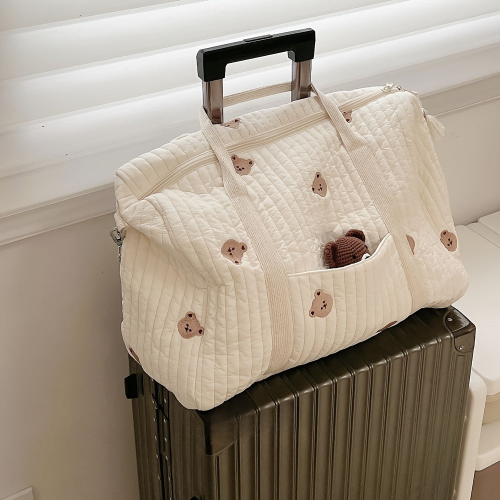 Quilted Diaper Bag for Parents with Embroidered Animal Print and Multiple Compartments