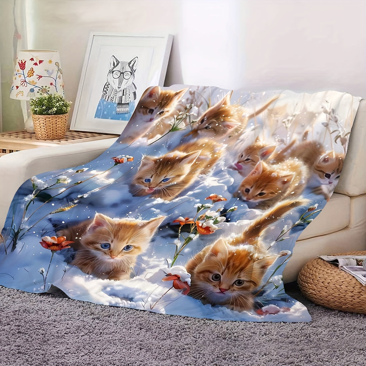 Soft Flannel Throw Blanket with Kitten Design for Bed Sofa Comfort