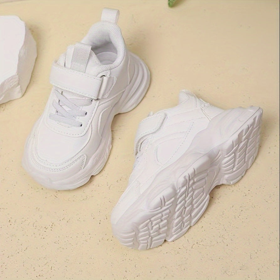 Unisex White Running Sneakers for Kids with Hook-and-Loop Closure EVA Sole Casual Outdoor Shoes