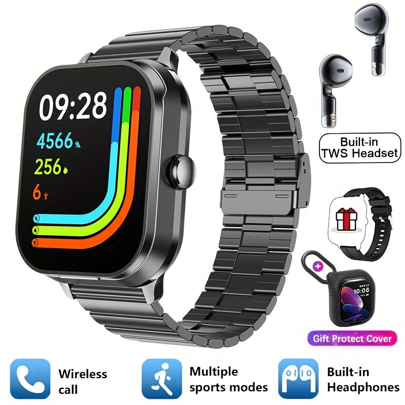 2-in-1 Smart Watch with TWS Earbuds Wireless Charging Large TFT Screen Square Alloy Case Interchangeable Straps Weather Call Date Features