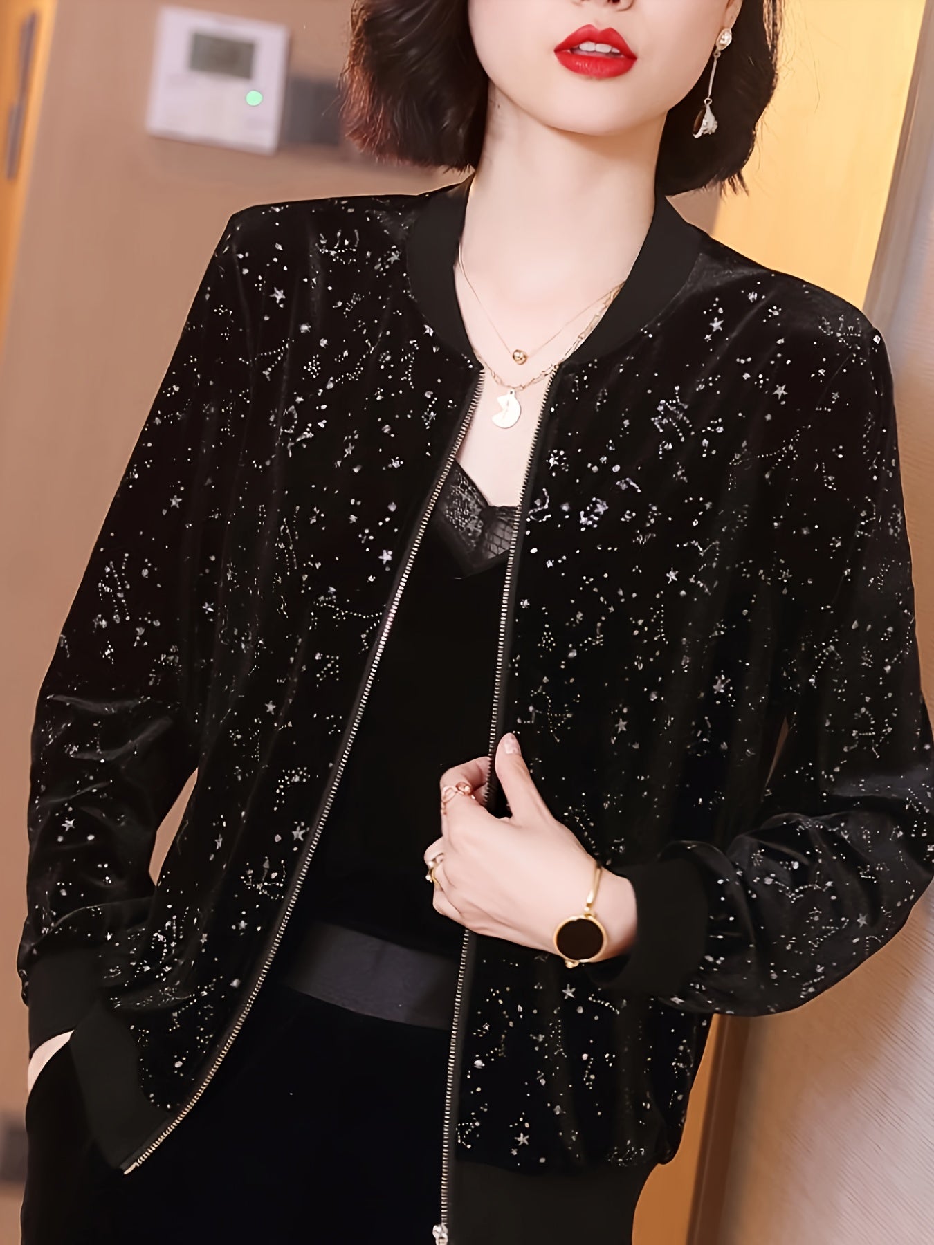 Women's Chiffon Bomber Jacket with Starry Night Print Long Sleeve Zip-Up All-Season