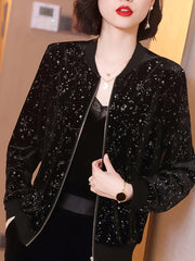 Women's Chiffon Bomber Jacket with Starry Night Print Long Sleeve Zip-Up All-Season