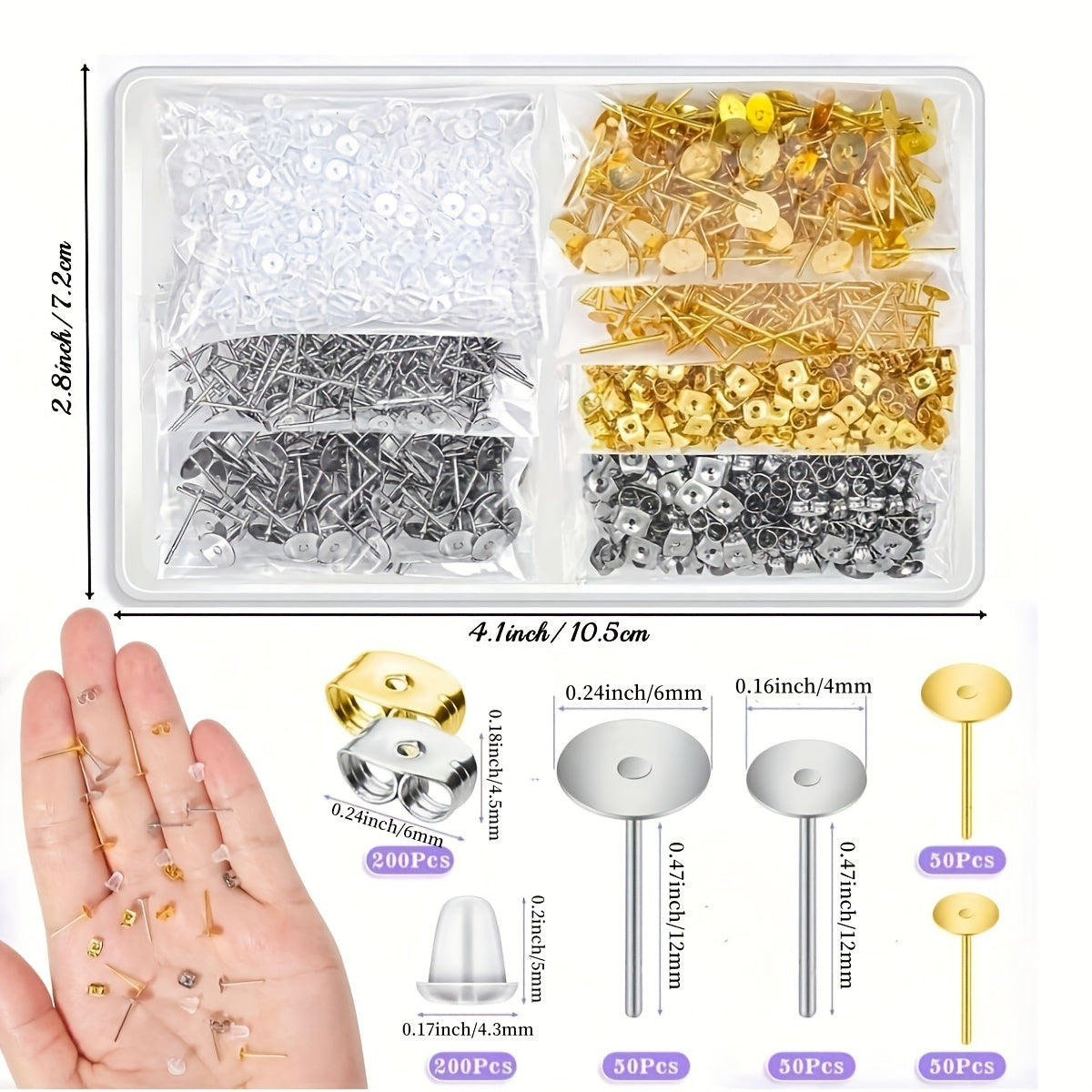 Jewelry Making Kit with 600 Earring Posts Hypoallergenic Stainless Steel and Storage Box