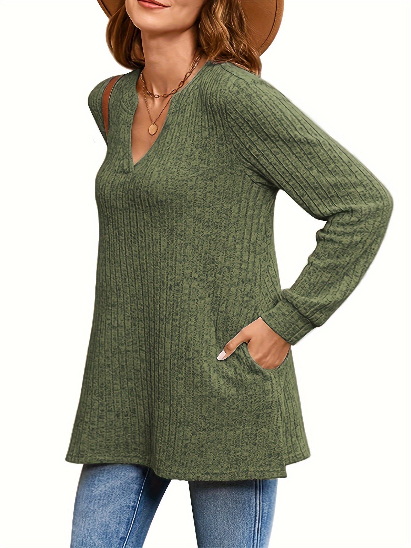Women's Plus Size Knit Sweater Long Sleeve V-Neck Pockets Fall Winter