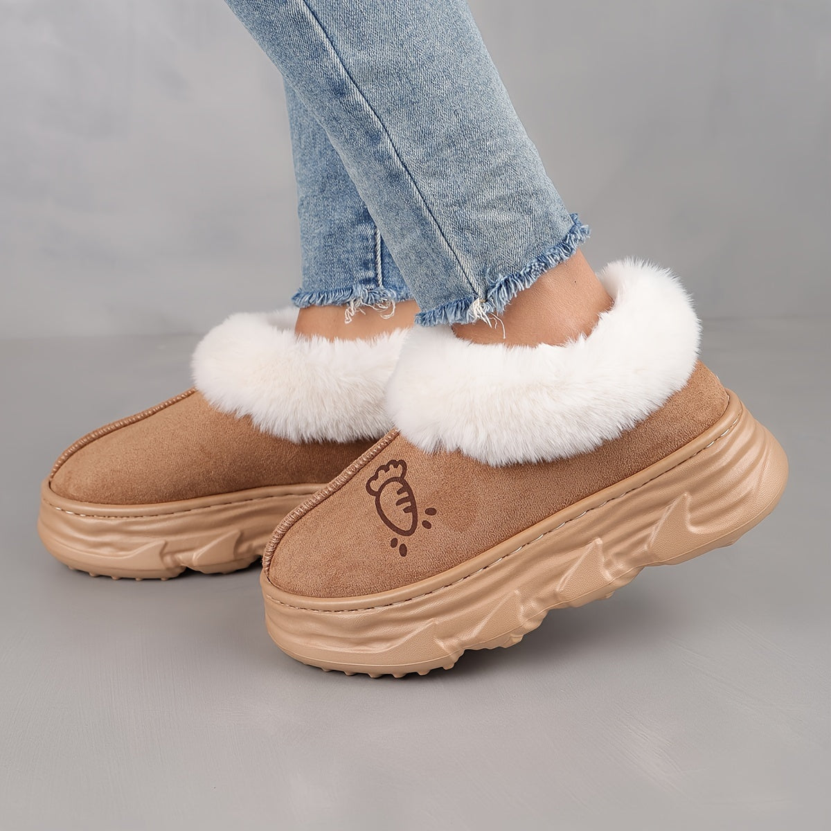 Couples Winter Slippers Plush Lined Thick Sole Snow Boots with Cartoon Design