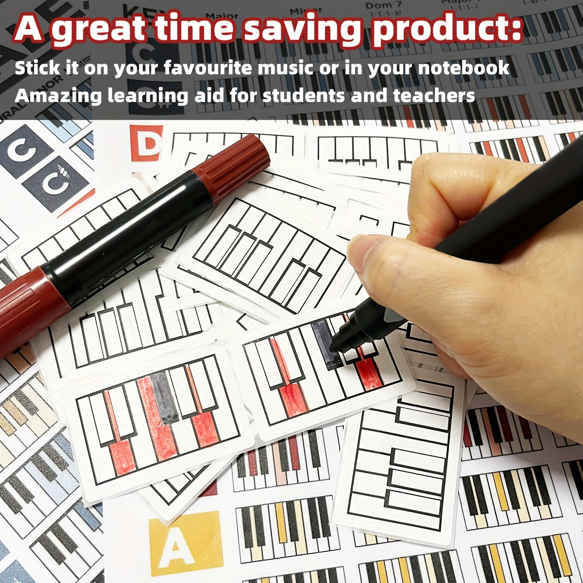 100 dona oq klaviatura notatsiya yorliqlari pianino va akordeon uchun, o'z-o'zidan yopishadigan musiqa nazariyasi mashqi