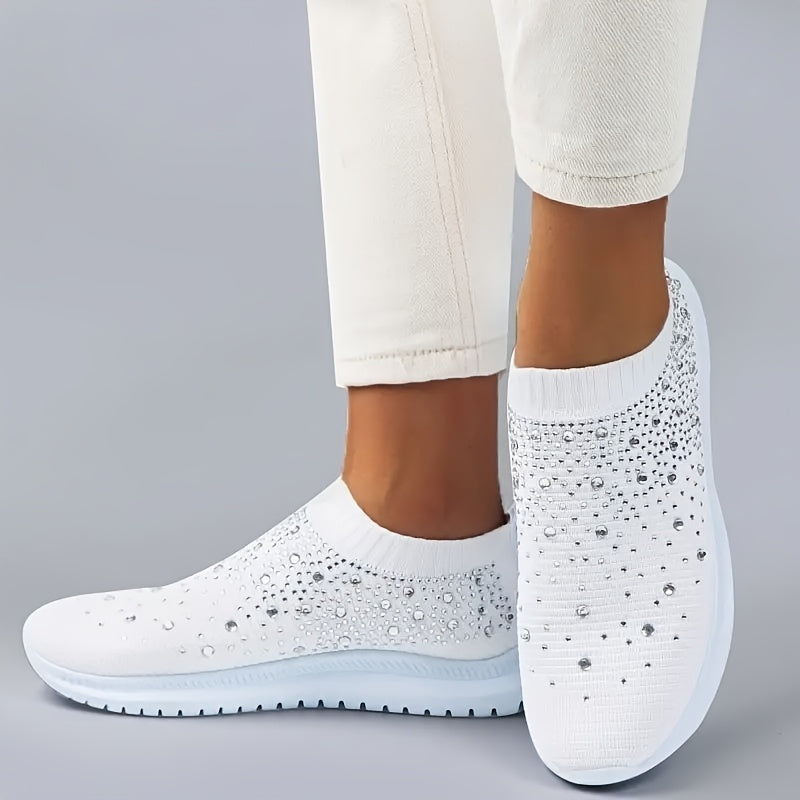 Women's Rhinestone Sneakers Breathable Knit Slip-On White Casual Shoes