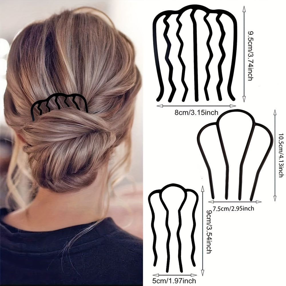 Women Plastic Hair Combs Set U Shape Hair Fork Clips for Updo Bun Black