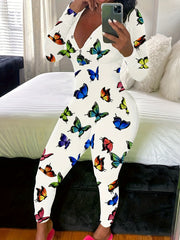 Women's Black Stretchy Butterfly Print Casual Jumpsuit with V-Neck and Button Front
