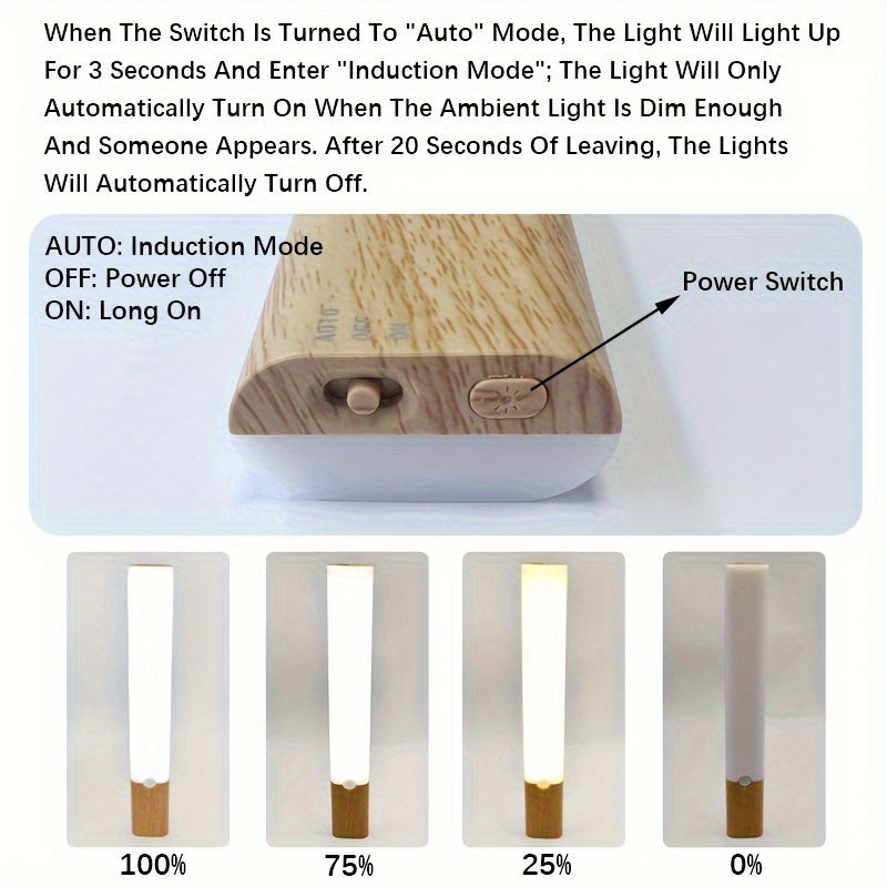 Luz nocturna LED recargable por USB con sensor de movimiento, brillo ajustable, soporte magnético para armarios, gabinetes y dormitorios