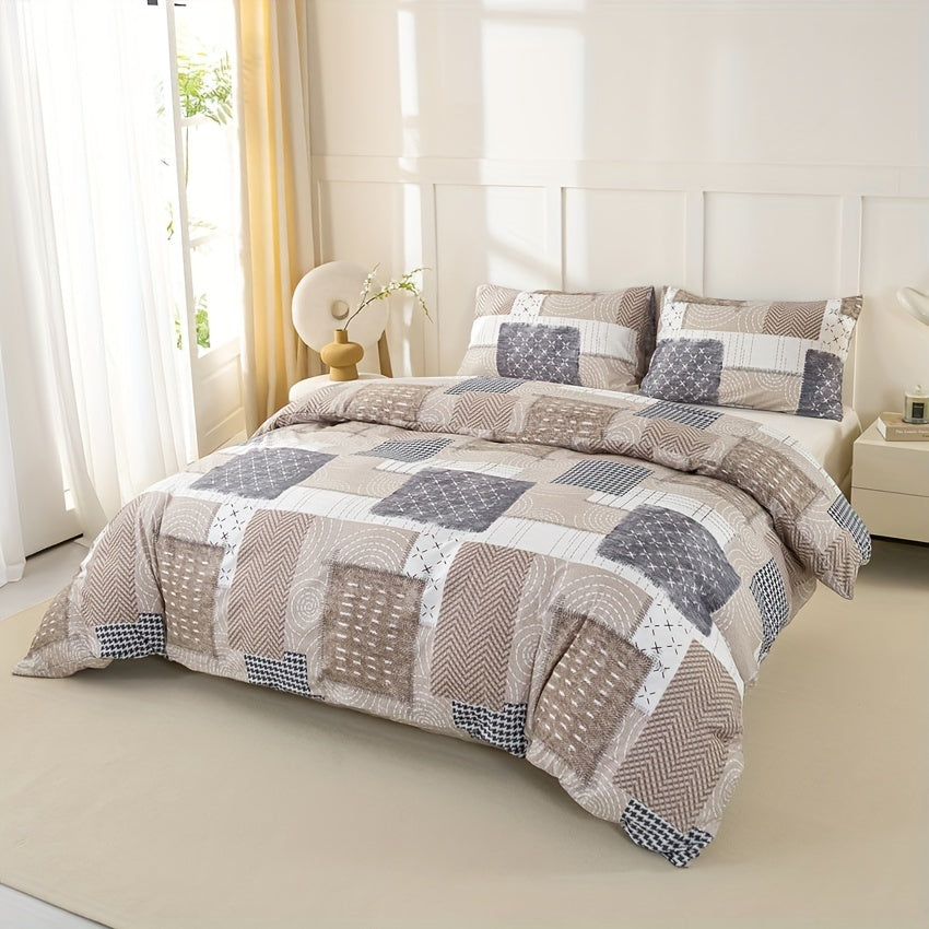 Full Size Cozy Duvet Cover Set with Patchwork Design and Zipper Closure Includes 1 Duvet Cover and 2 Pillowcases