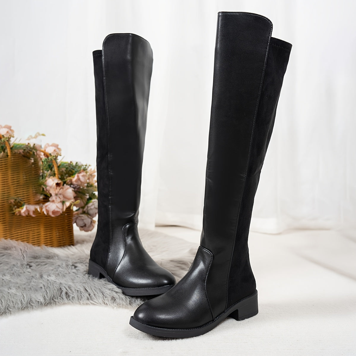 Women's Over-the-Knee Riding Boots Solid Color Equestrian Shoes with Zipper