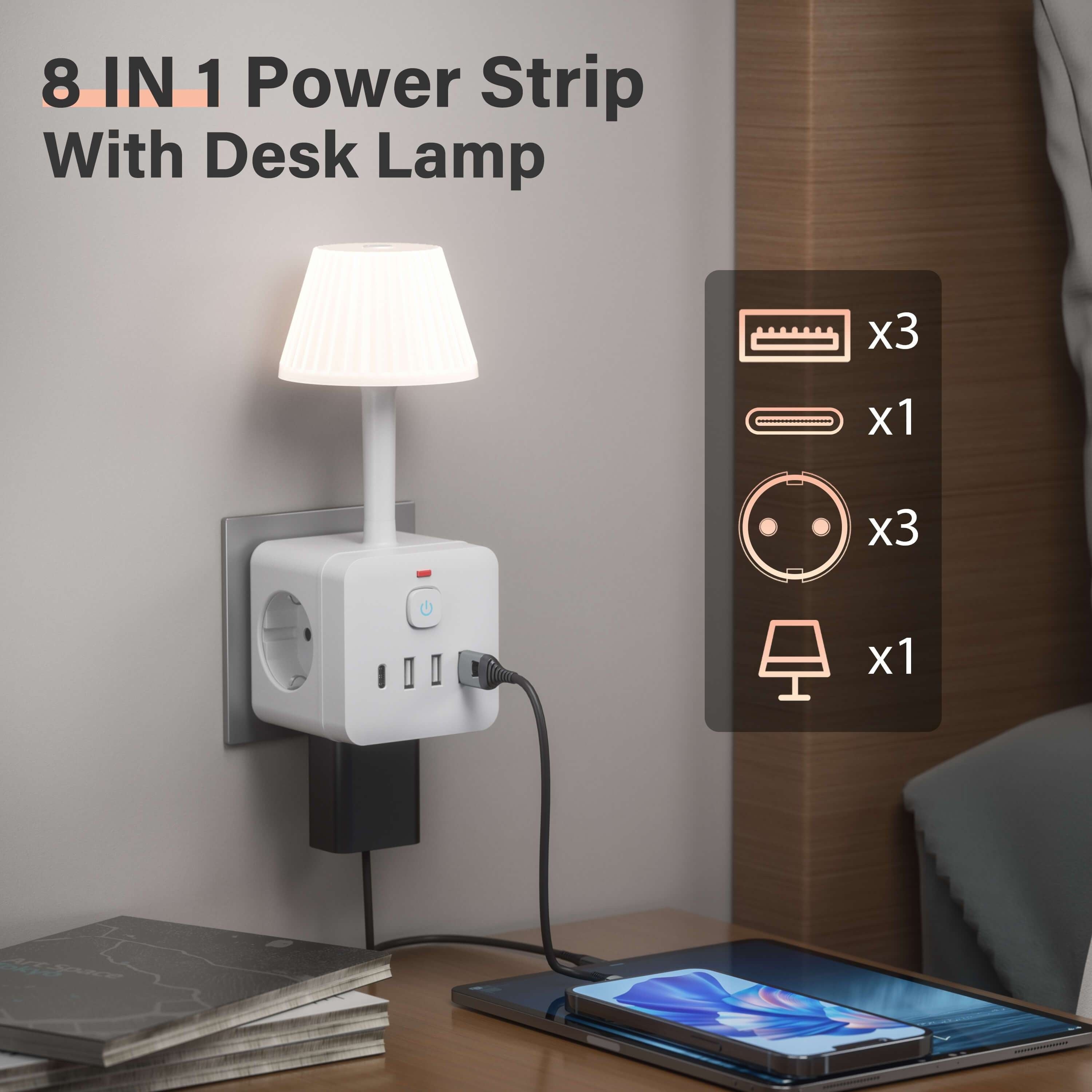 LED Desk Lamp with Dimmable Light USB Charging Ports Power Strip Surge Protection Cube Shape 220-240V