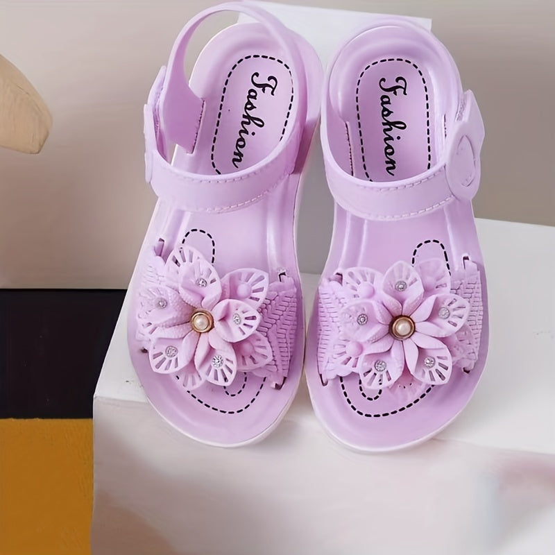 Girls' Floral Princess Shoes Summer 2025 PVC Flexible Sole Hook-and-Loop Pink Purple