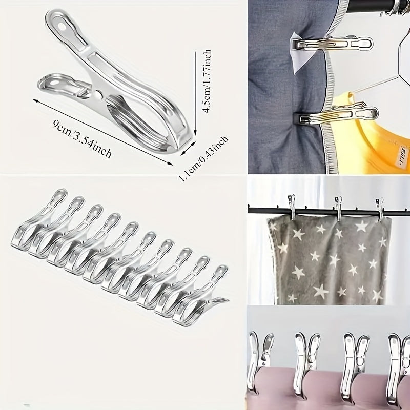 Set of 10 Large Stainless Steel Clothespins for Hanging Clothes and Quilts