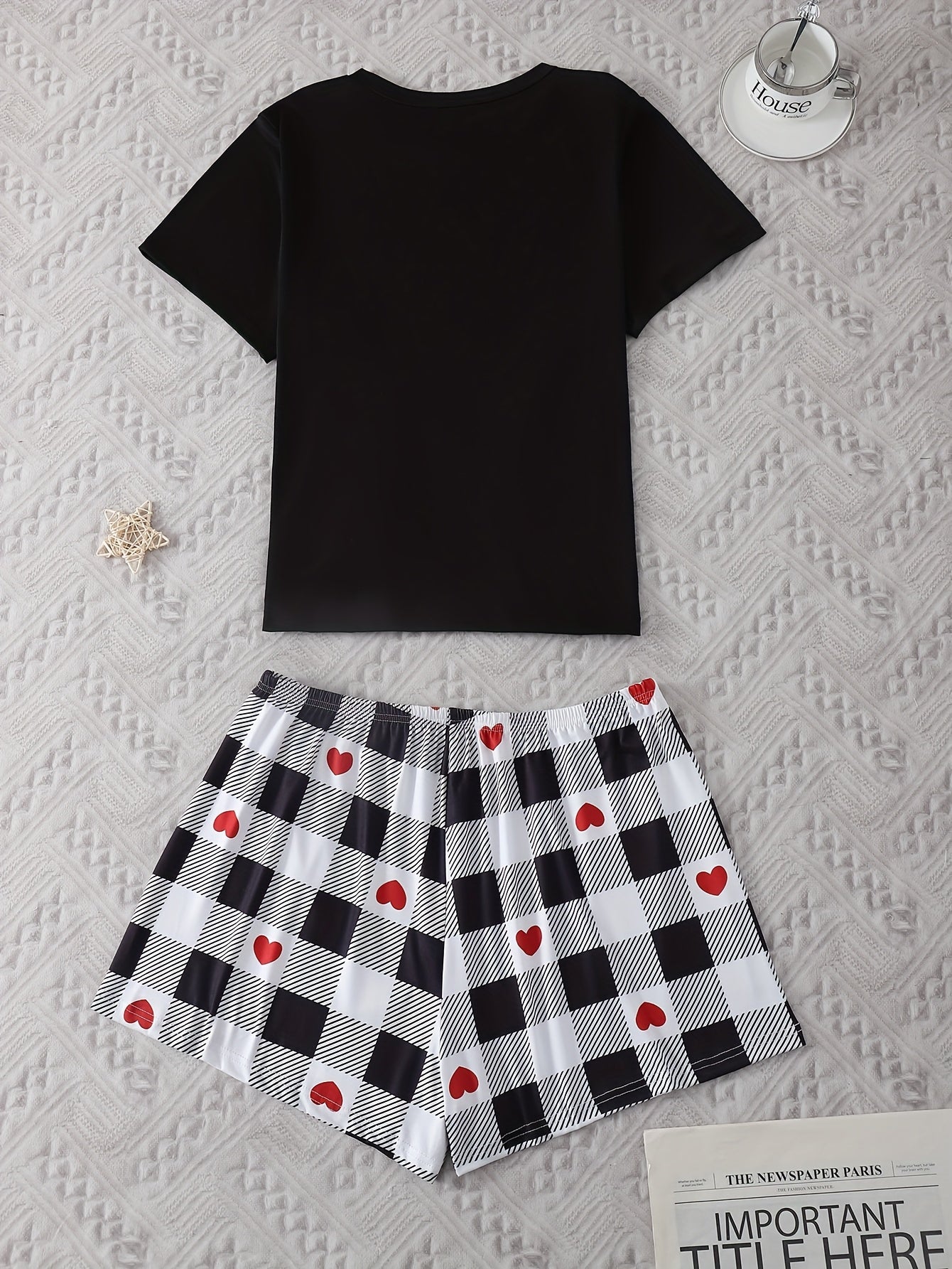 Plus Size Women's Pajama Set Short Sleeve Checkered Cartoon Print Sleepwear