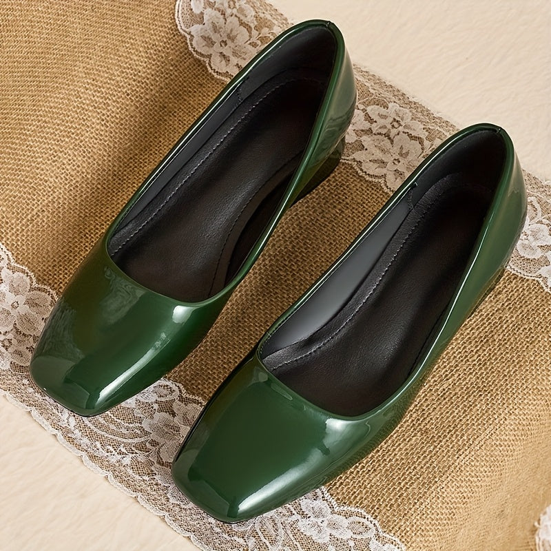 Women's Green Square Toe Mary Jane Pumps Breathable Synthetic Low Block Heel Dress Shoes