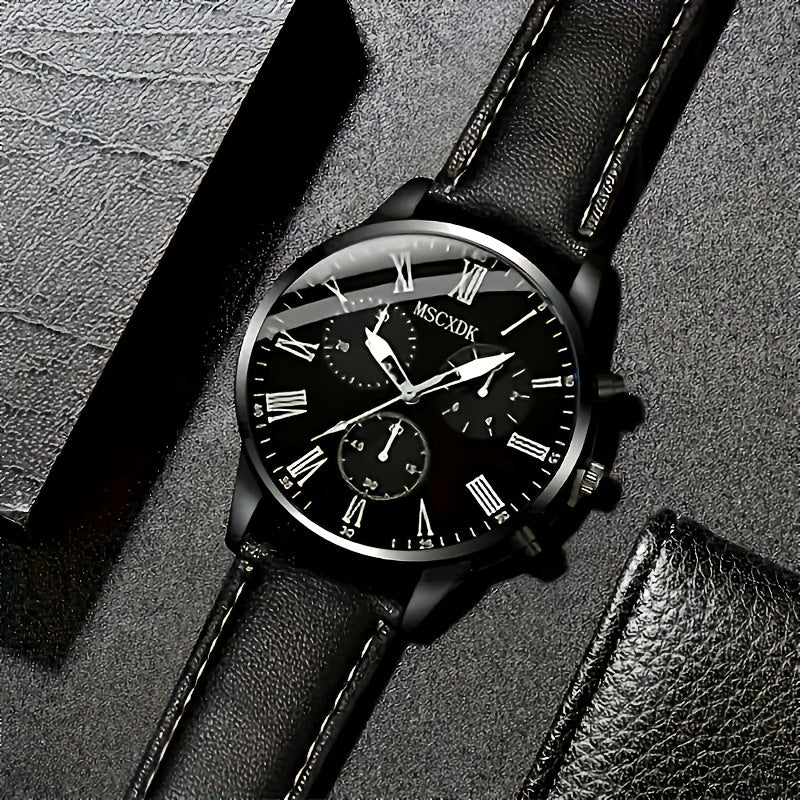 4 ta erkaklar moda soatlari to'plami, mos keladigan zanjir, uzuk va bilaguzuk bilan, faux charm strap, alloy quti, qayta zaryadlanmaydigan batareya