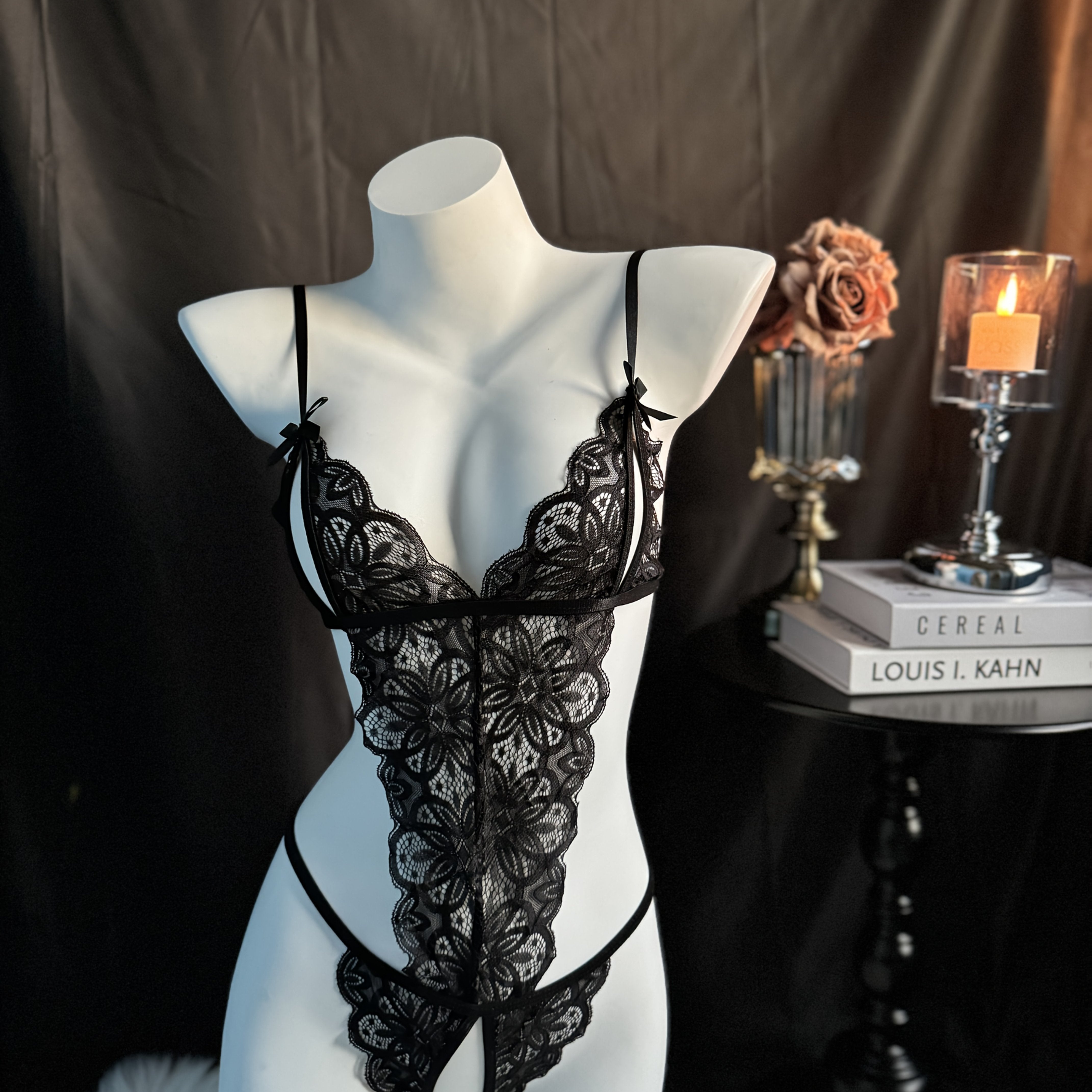 Women's Lace Bodysuit with Bow Detail and Metal Back Clasp Light Support Polyester Spandex Lingerie