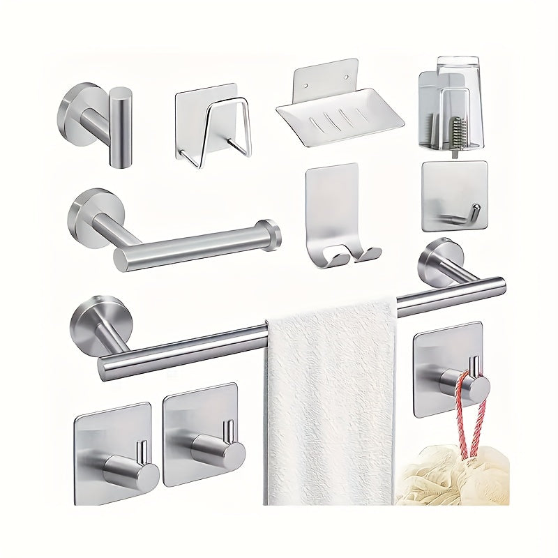 11-Piece Stainless Steel Bathroom Set Black and Silver Modern Accessories with Towel Bar Hooks and Soap Dish