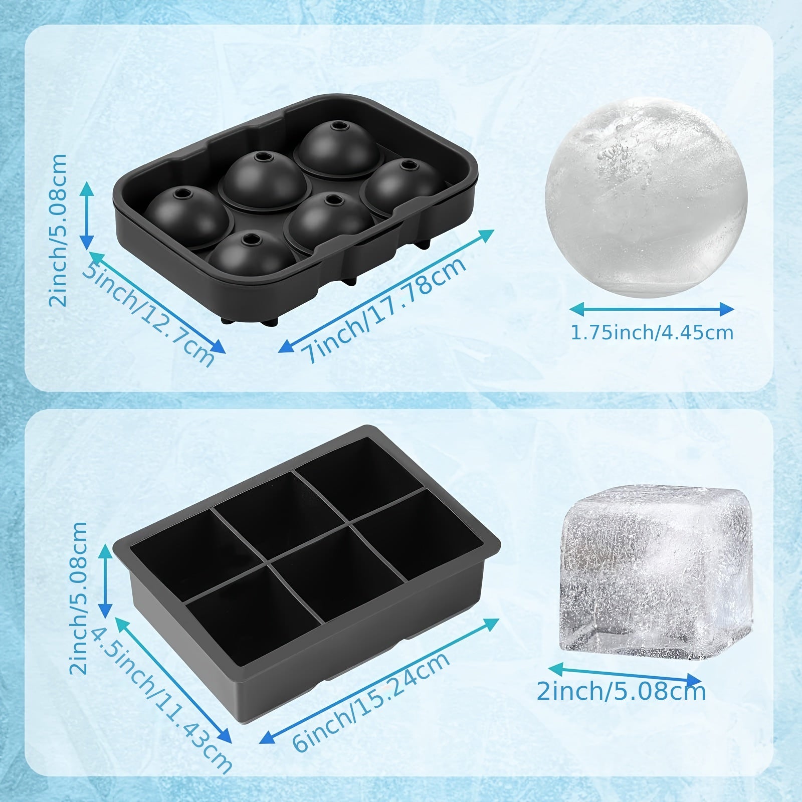 Large Square and Sphere Ice Cube Trays Set for Whisky and Cocktails Black