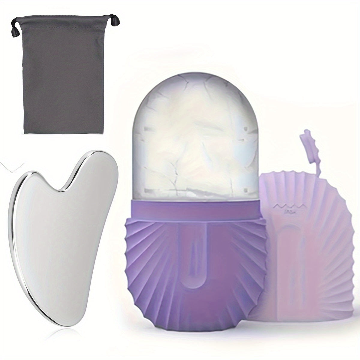 Silicone muz ruloni va zanglamaydigan po'lat Gua Sha to'plami yuz massaji uchun saqlash sumkasi bilan