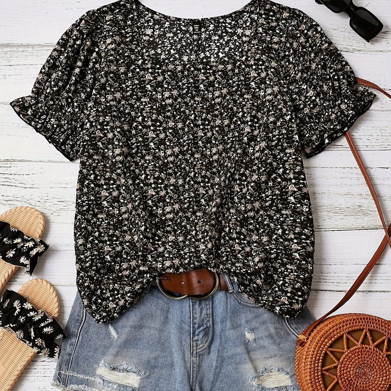 Women's Floral Square Neck Lantern Sleeve Vacation Shirt