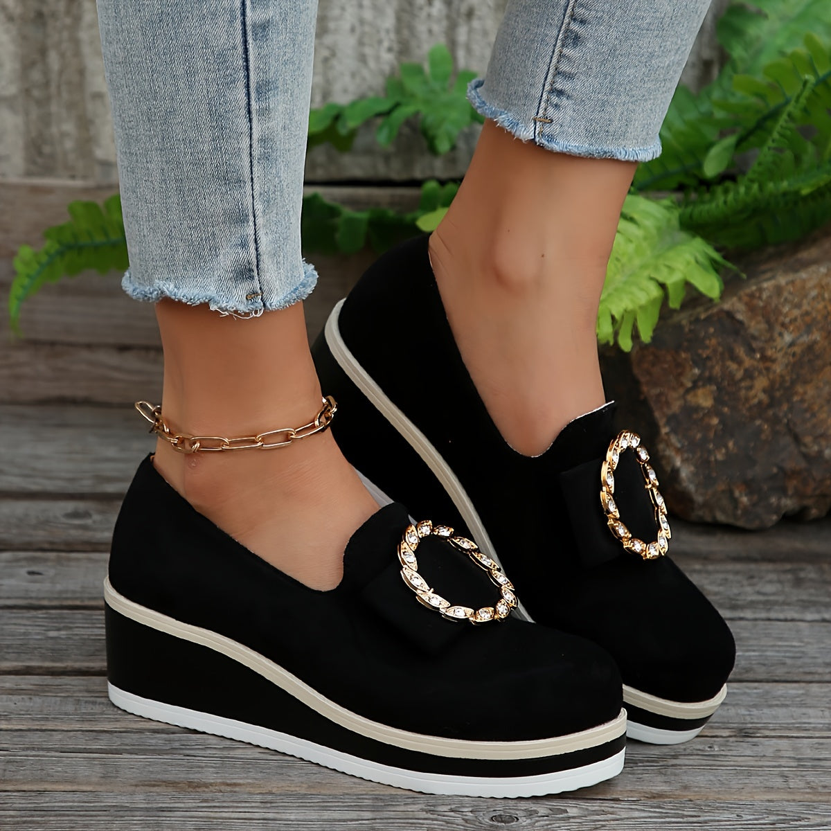 Women’s Wedge Sneakers Solid Color Slip-On Shoes Sequin Flannel Upper