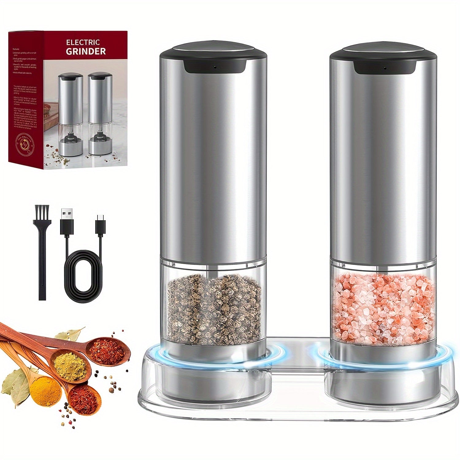 Stainless steeldan tayyorlangan elektr salt va murch maydalash to'plami