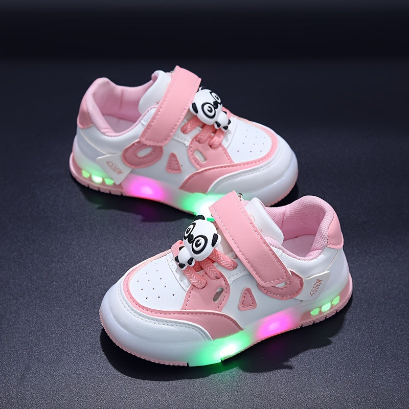 Kids LED Light-Up Sneakers with Panda Design, Low Top, Pink and White