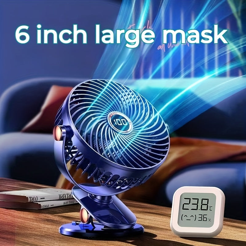 Black Portable Clip-On Fan with 360° Rotation, 5 Speeds, Battery Operated