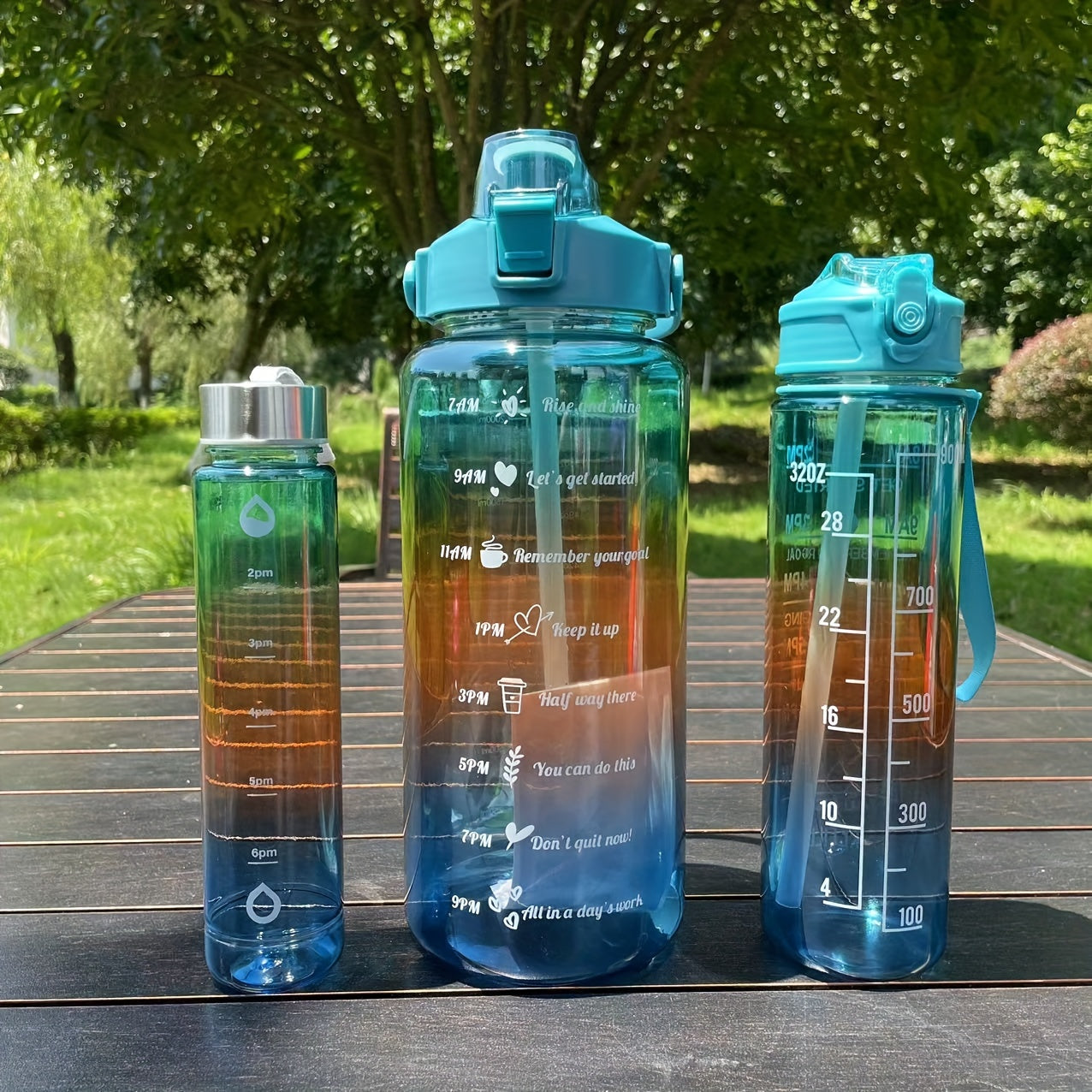 Set of 3 Gradient Color Motivational Water Bottles 64oz 32oz 15oz with Phone Holder