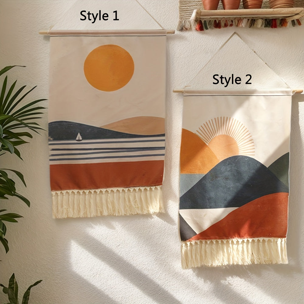 Bohemian Linen Wall Tapestry with Fringe Border Sun and Sailboat Design for Living Room or Bedroom