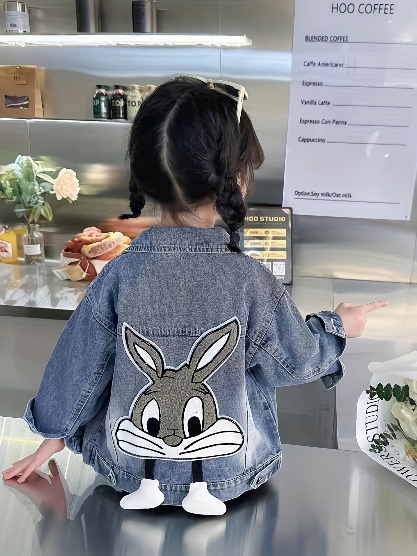 Girls Denim Jacket with 3D Bunny Applique Long Sleeve Casual Spring Fall