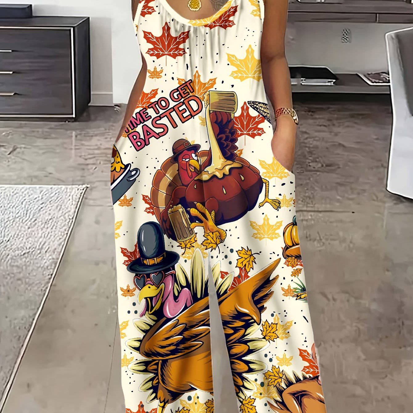 Plus Size Women Cartoon Turkey Print Jumpsuit Polyester Sleeveless Overalls