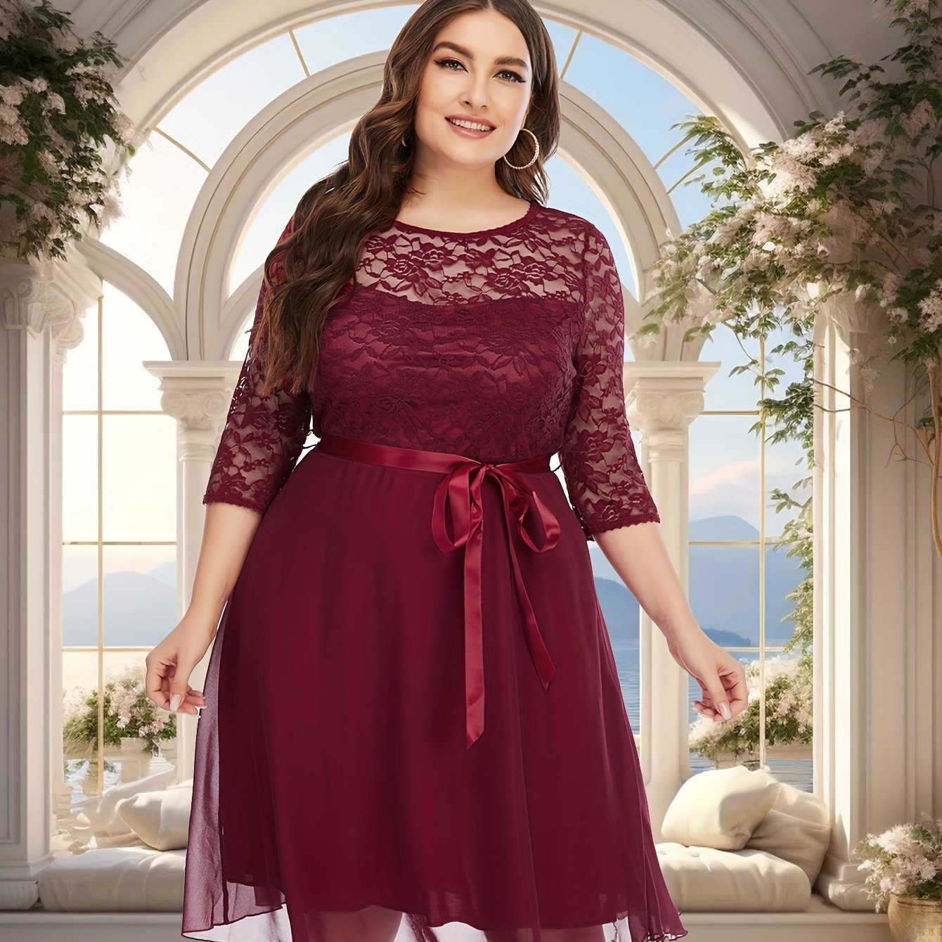 Plus Size Lace Tulle Wedding Dress A-Line Short Sleeve Maroon Formal Gown