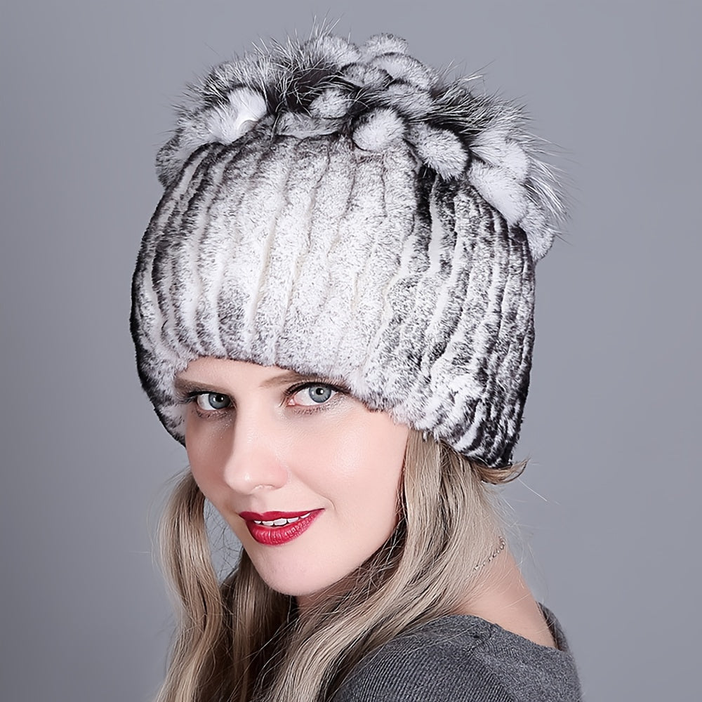 Faux Fur Beanie for Women and Girls Warm Knit Winter Hat