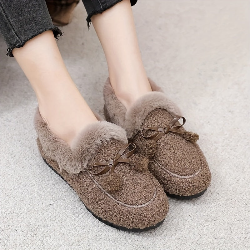Women's Fleece-Lined Loafers Slip-Ons with Bow, All-Season Comfort
