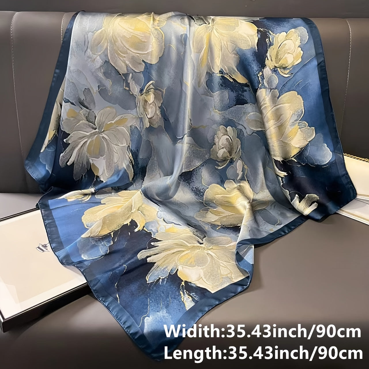 Women's Blue Satin Square Scarf with Print, Summer Sun and Wind Protection
