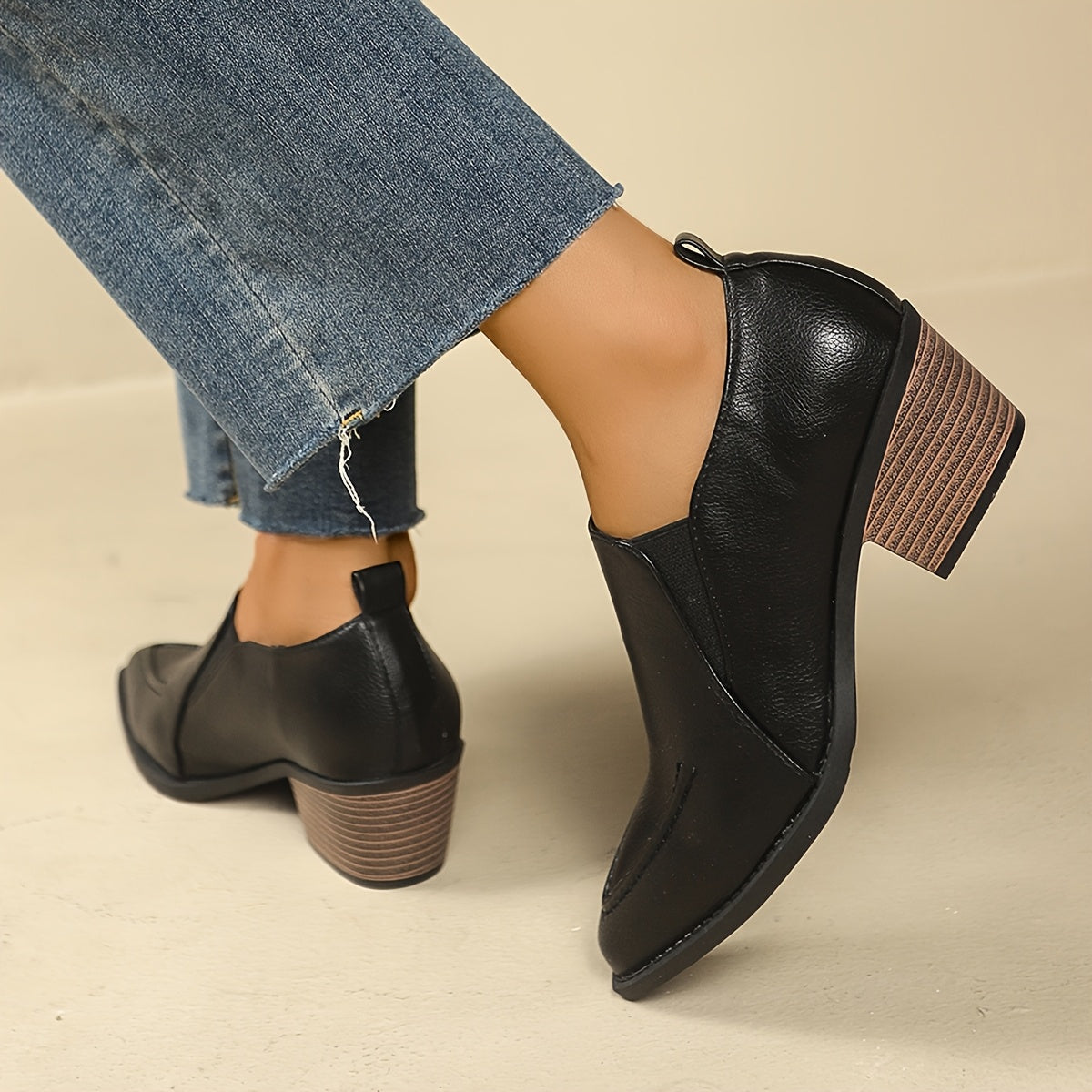 Women Autumn Solid Color Lychee Pattern Chelsea Boots Black Short Heel