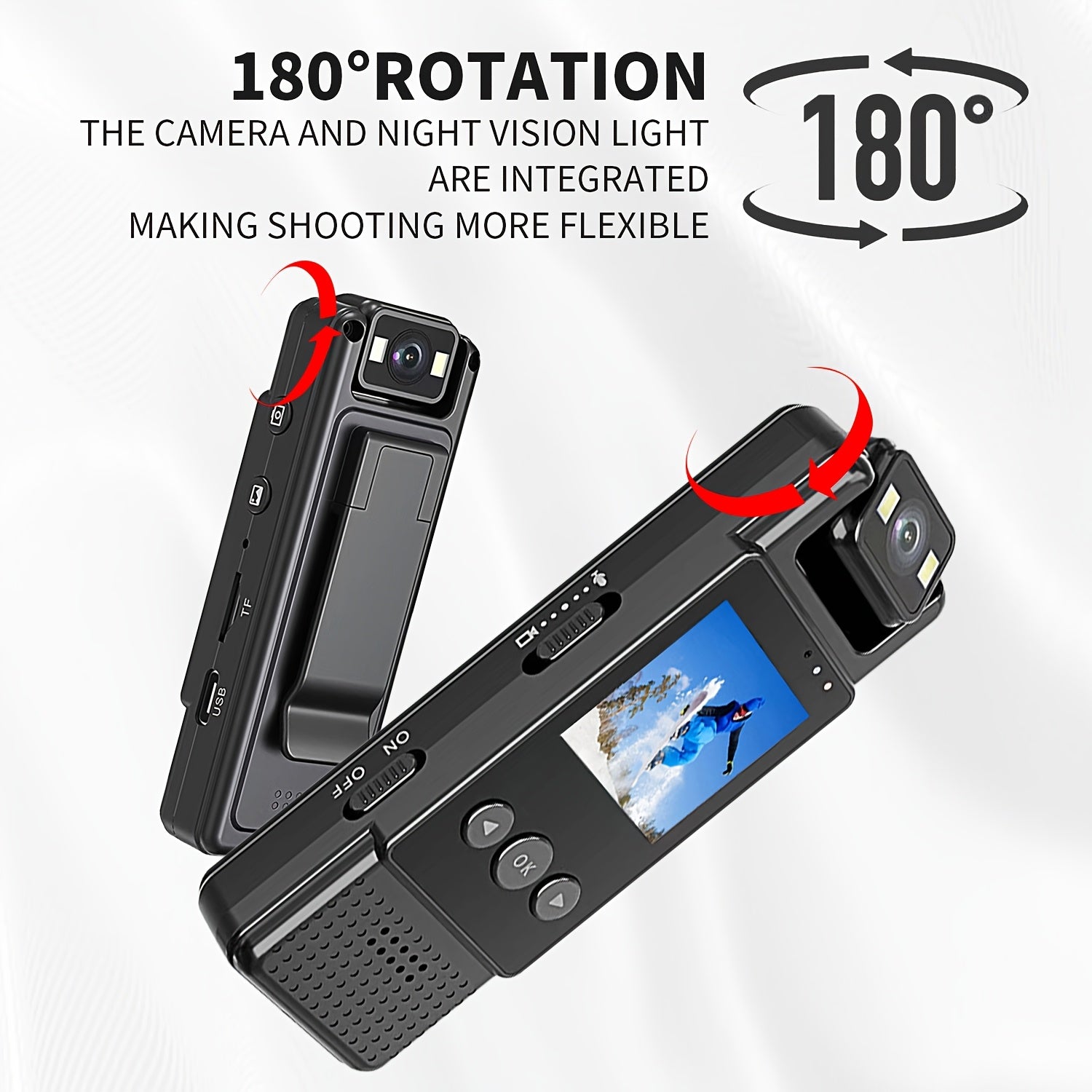 1080p kiyiladigan harakat kamerasi, 180° buriladigan linza bilan, kechqurun ko‘rish, USB bilan quvvatlanadigan, portativ, sport va ochiq havoda faoliyatlar uchun