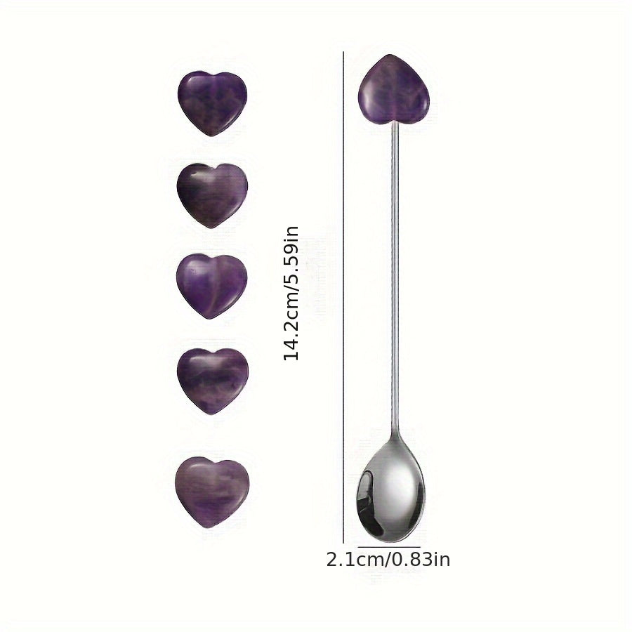 Stainless Steel Spoons with Heart-Shaped Gemstones for Coffee Tea Desserts