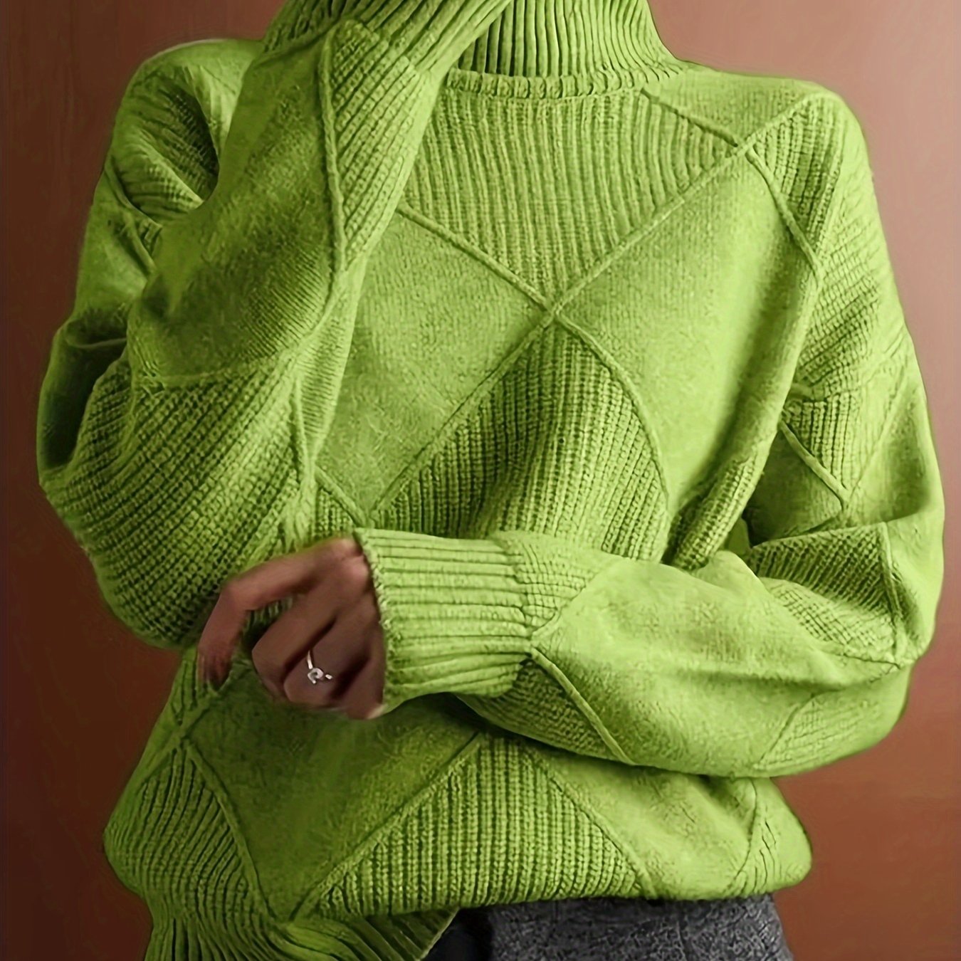 Women's Green Turtleneck Sweater Acrylic Knit Diamond Pattern Long Sleeve Fall Winter