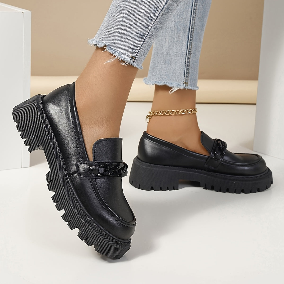 Women Vintage Loafers Black PU Slip-On Flat Shoes with Chain Detail