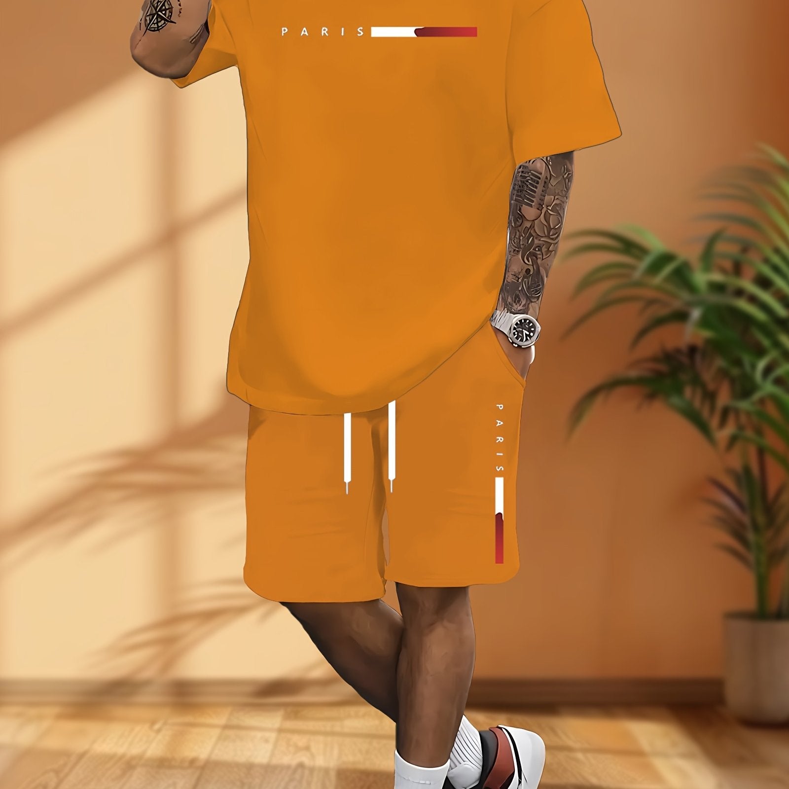 Men's Casual Outfit with Short-Sleeve T-Shirt and Drawstring Shorts for Spring Summer Sports