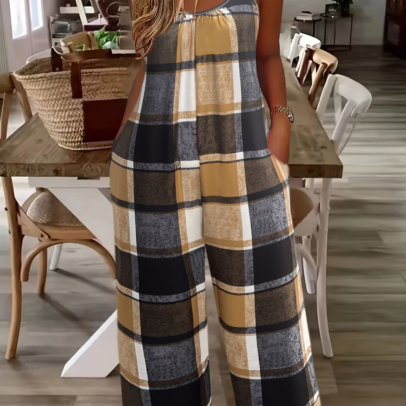 Mono sin mangas de cuadros en talla grande con bolsillos para verano mujer