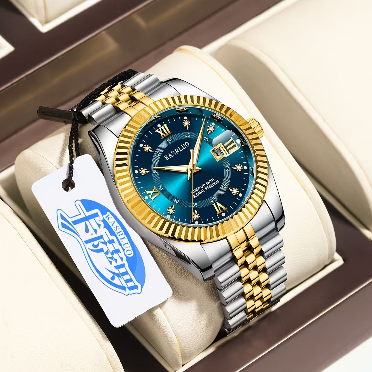 Men's Quartz Watch with Luminous Date Display Gold-Tone Stainless Steel Band Rhinestone Detailing Business Style