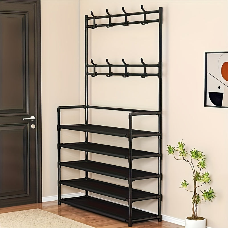 Iron Storage Organizer with 8 Dual Hooks Shoe Rack Coat Hanger for Living Room Bathroom Hallway