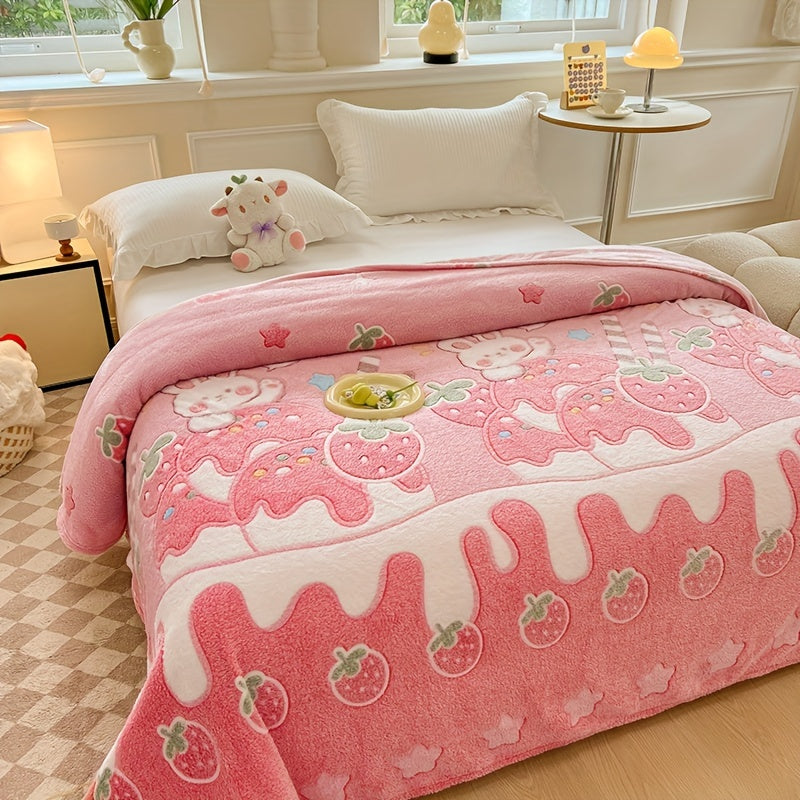 Pink Strawberry and Bear Pattern Blanket for Sofa Bed Naps Soft Cozy All-Season Polyester