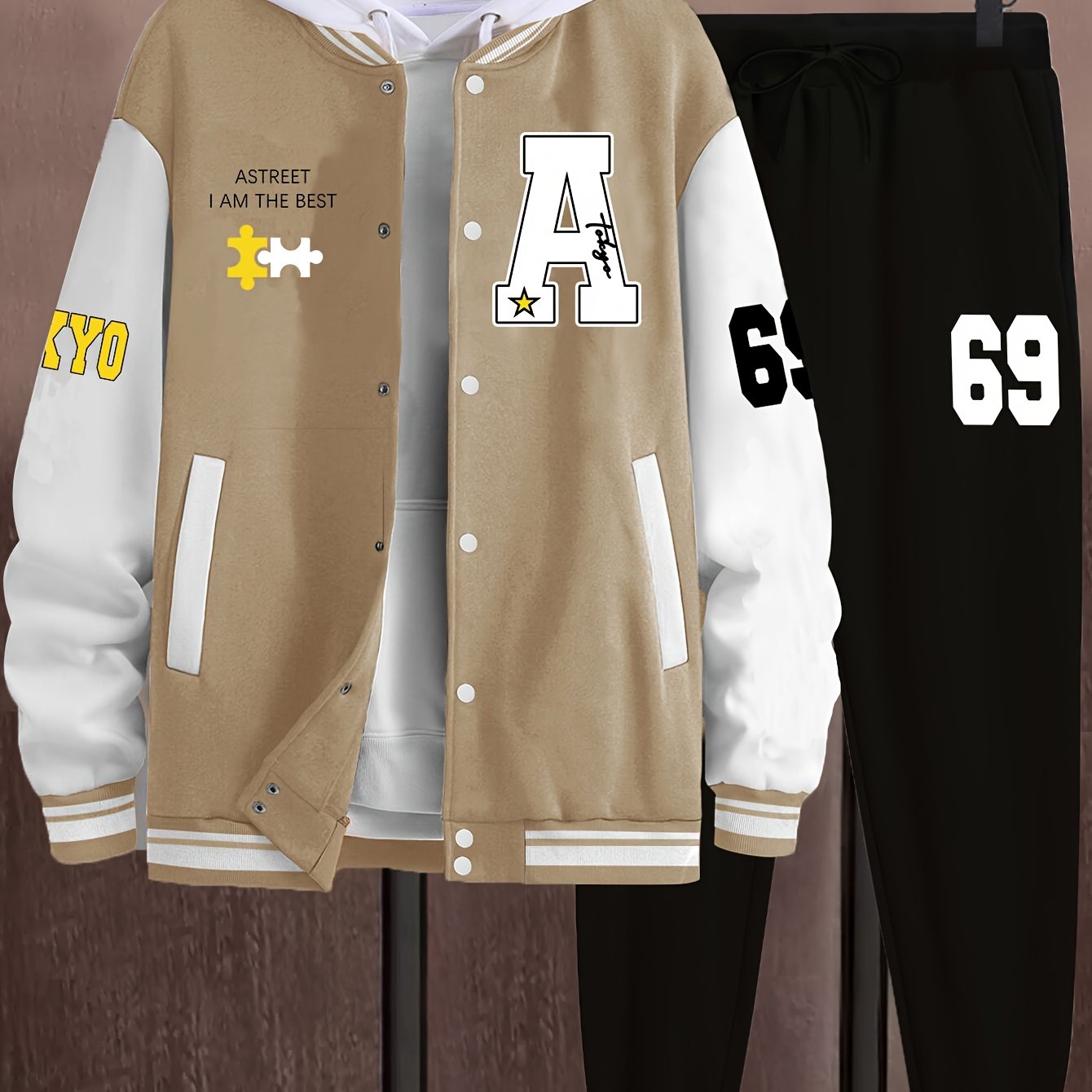 Men's Polyester Casual Athleisure Set with Color Block Varsity Jacket and Joggers for Fall Winter